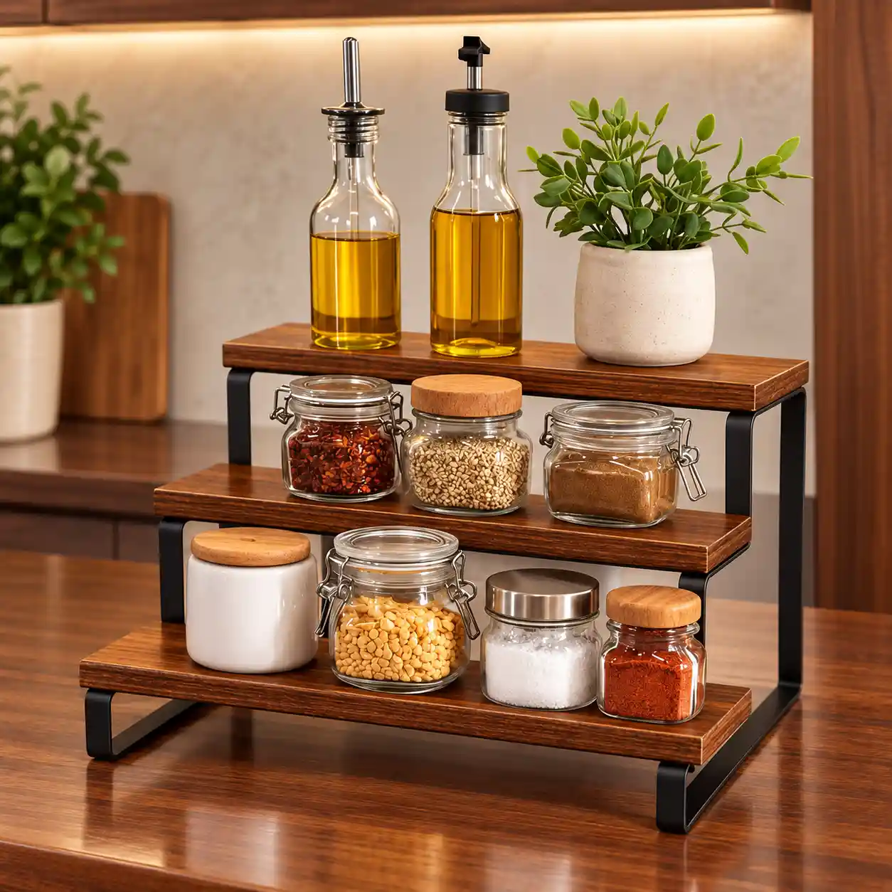 Three-Tier Wood and Metal Countertop Rack