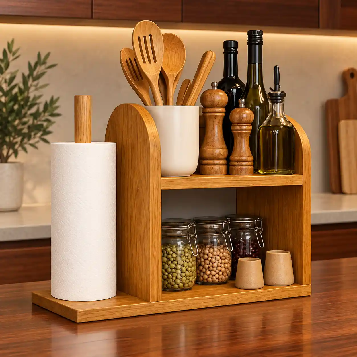 Wooden Kitchen Organizer with Paper Towel Holder