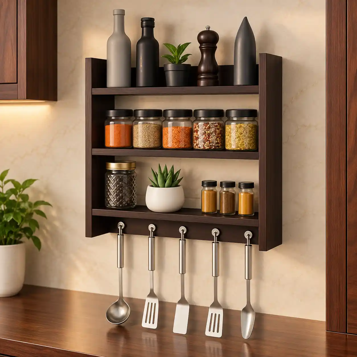 Wall-Mounted Spice Rack with Hooks